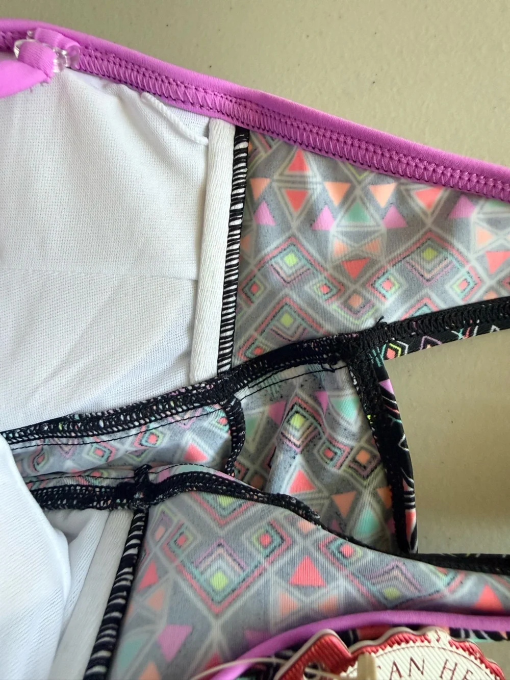 SO Girls Black Geometric Pink Accent Tankini Top. Size S
